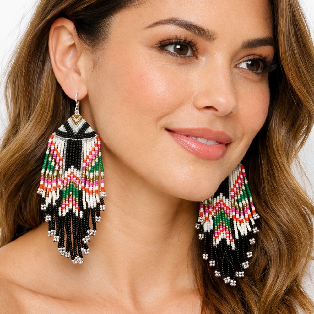 Handmade Beaded Fringe Earrings Black White Boho Geometric Dangles Indiegirl